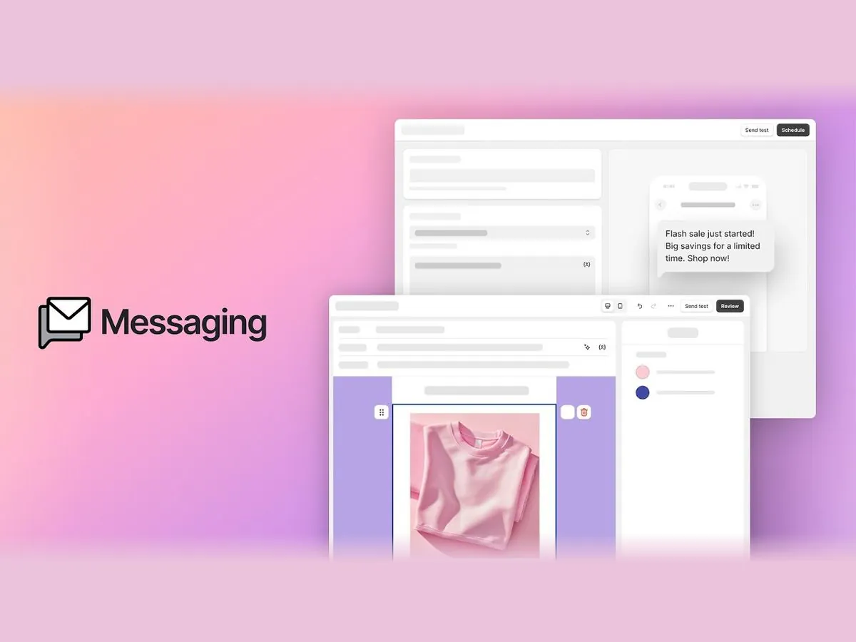 Shopify Messaging product illustration showing the Messaging wordmark alongside campaign creation interfaces and a promotional text message preview