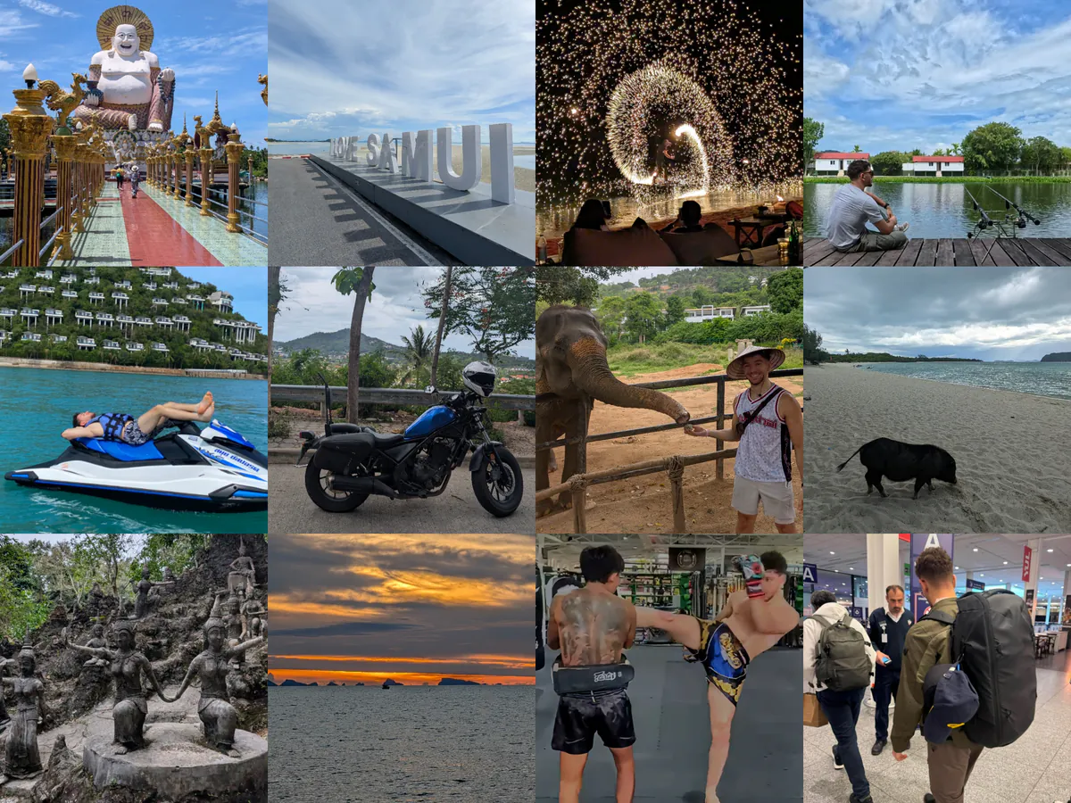 Twelve photographs from Omar Benzekri's travels through Bangkok and Koh Samui, including Muay Thai training, a Honda Rebel 300, Thai landmarks, an elephant, and island activities
